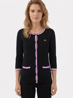 LACOSTE NAVY SWEATER CARDIGAN WITH PLUM PIPING SZ XS S